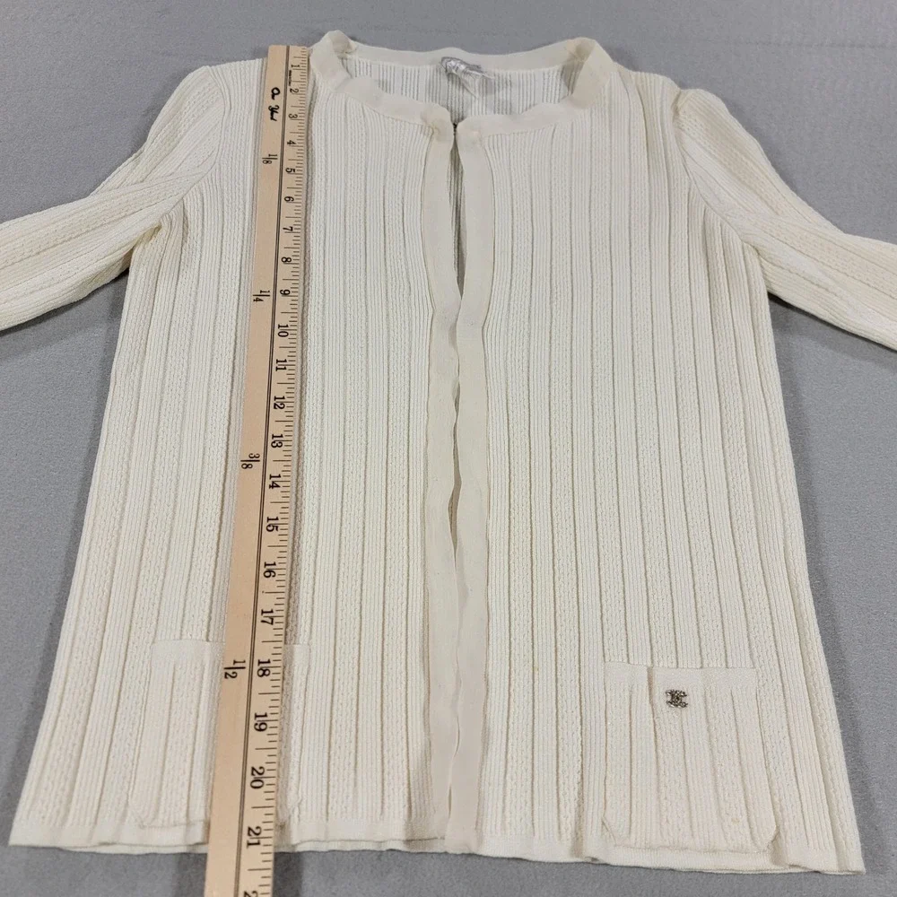 Vintage Chanel Ribbed Cardigan 06P Lagerfeld CC Logo Ivory Silk Trim Women XS 42